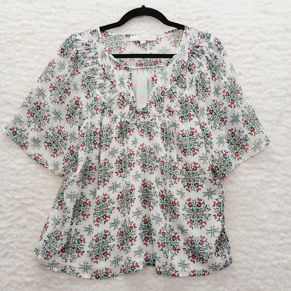 Blouse Christmas Red Green Floral Ruched Cottagecore Coquette Bloomcore Size LP